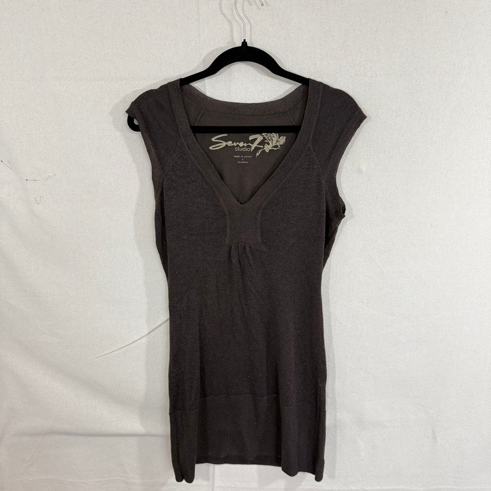 Seven7 Studio Womens Brown Metallic Knit V-Neck Cap Sleeve Tunic Top Large - Picture 2 of 7